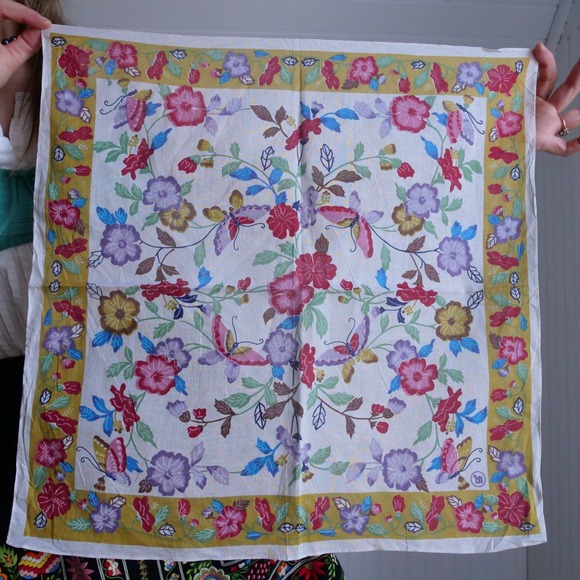 Vintage Accessories - Vintage signed Japanese flower and butterfly print cotton handkercheif